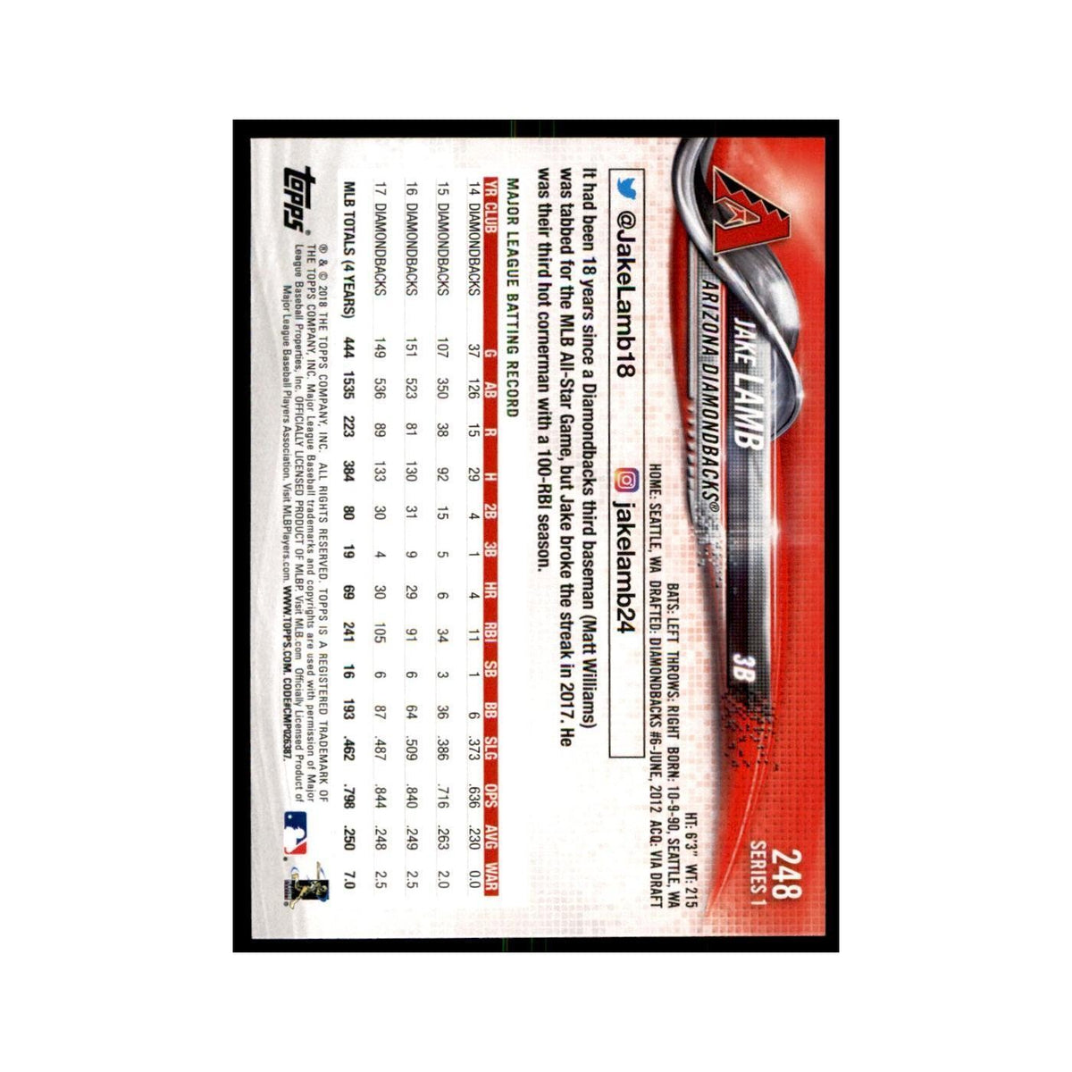 Jake Lamb 2018 Topps #248 Arizona Diamondbacks Baseball Card NM