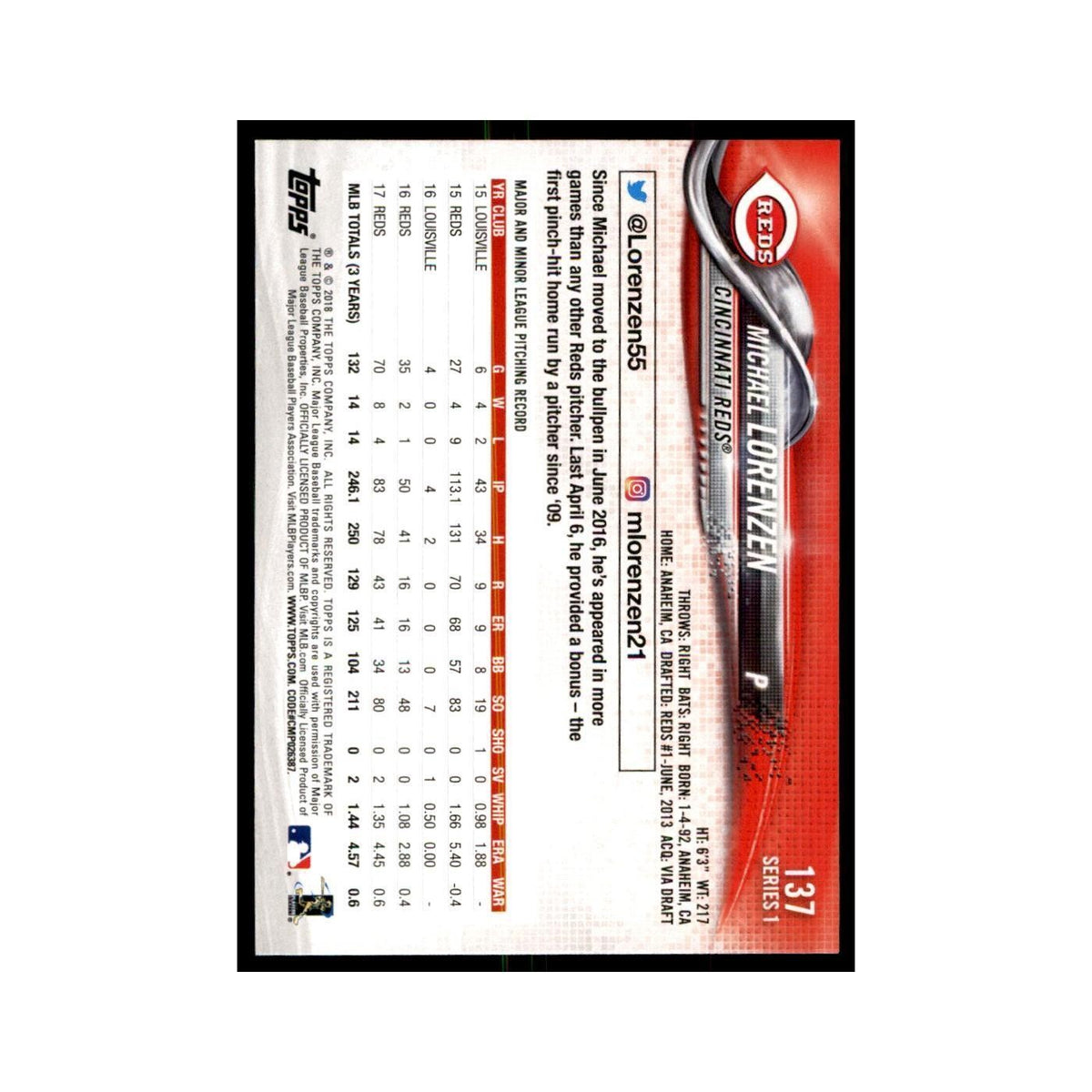 Michael Lorenzen 2018 Topps #137 Cincinnati Reds Baseball Card NM