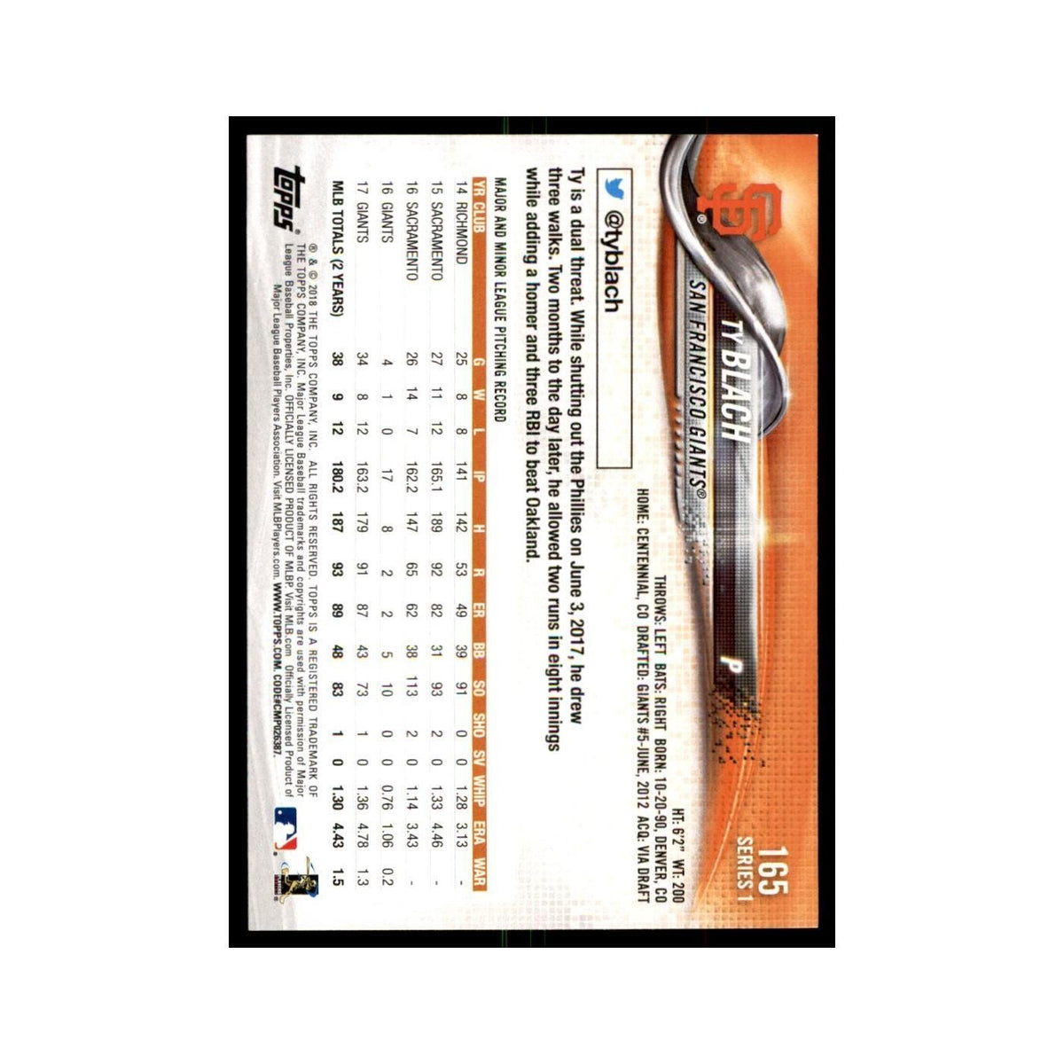 Ty Blach 2018 Topps #165 San Francisco Giants Baseball Card NM