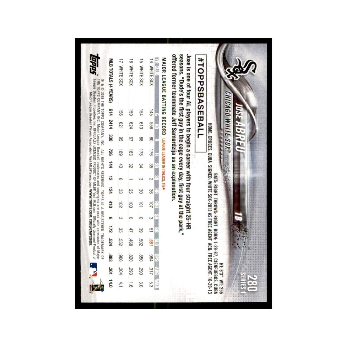 Jose Abreu 2018 Topps #280 Chicago White Sox Baseball Card NM