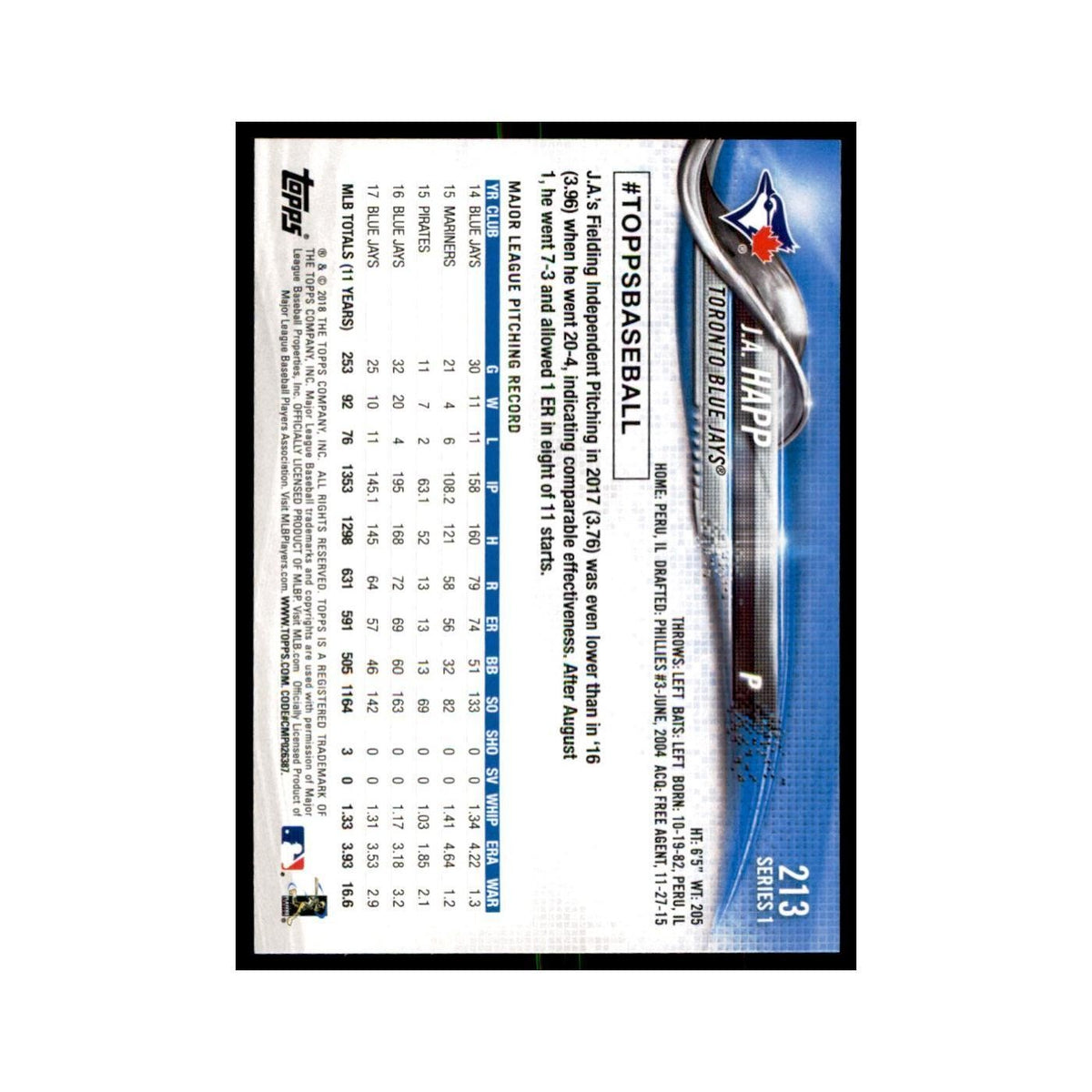 J.A. Happ 2018 Topps #213 Toronto Blue Jays Baseball Card NM