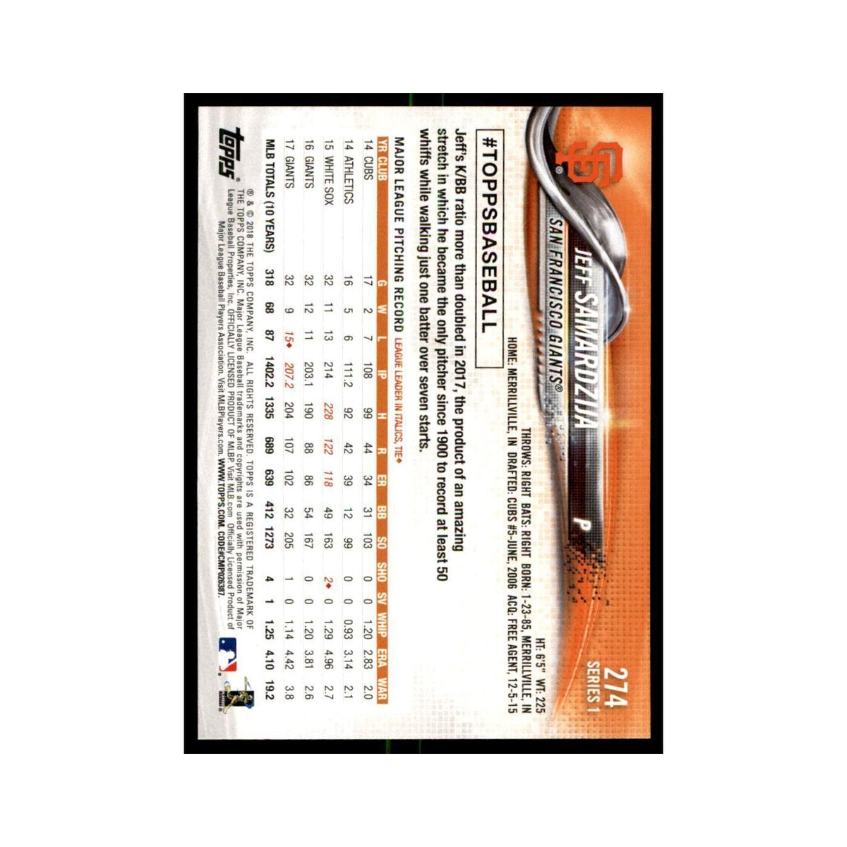 Jeff Samardzija 2018 Topps #274 San Francisco Giants Baseball Card NM