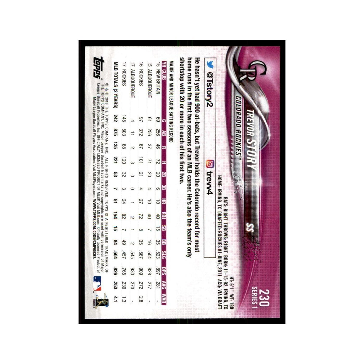 Trevor Story 2018 Topps #230 Colorado Rockies Baseball Card NM