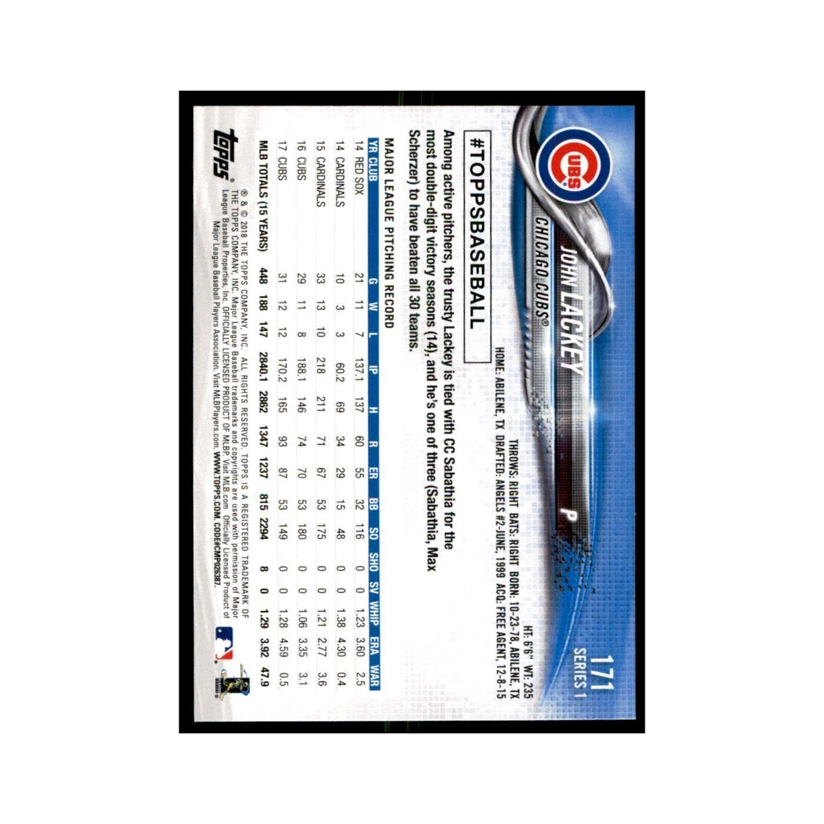 John Lackey 2018 Topps #171 Chicago Cubs Baseball Card NM