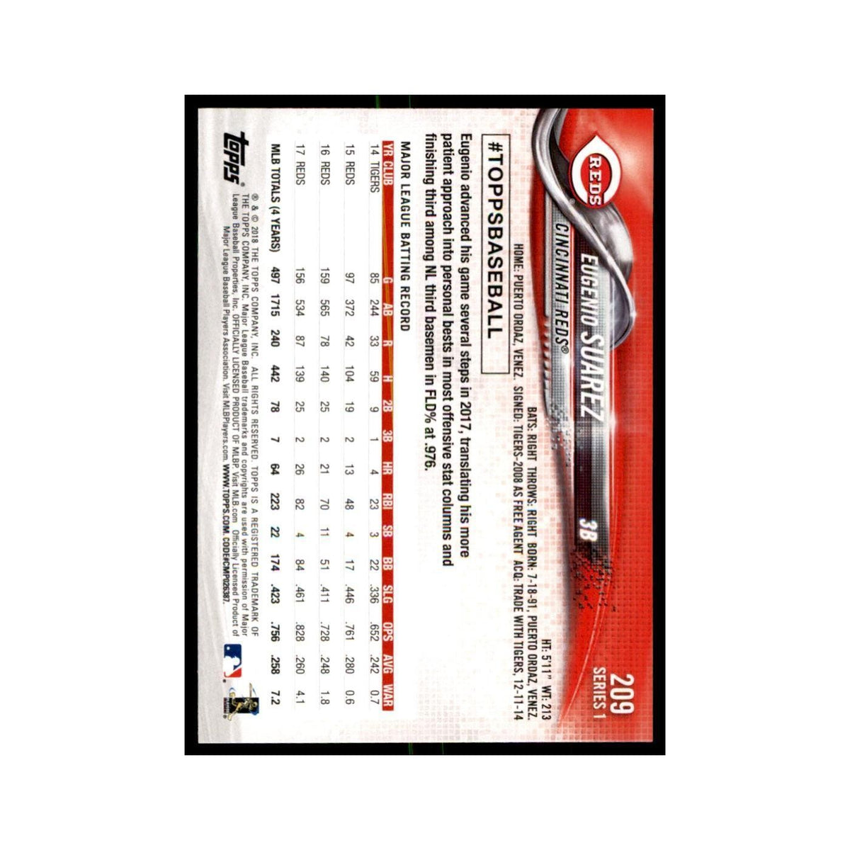 Eugenio Suarez 2018 Topps #209 Cincinnati Reds Baseball Card NM