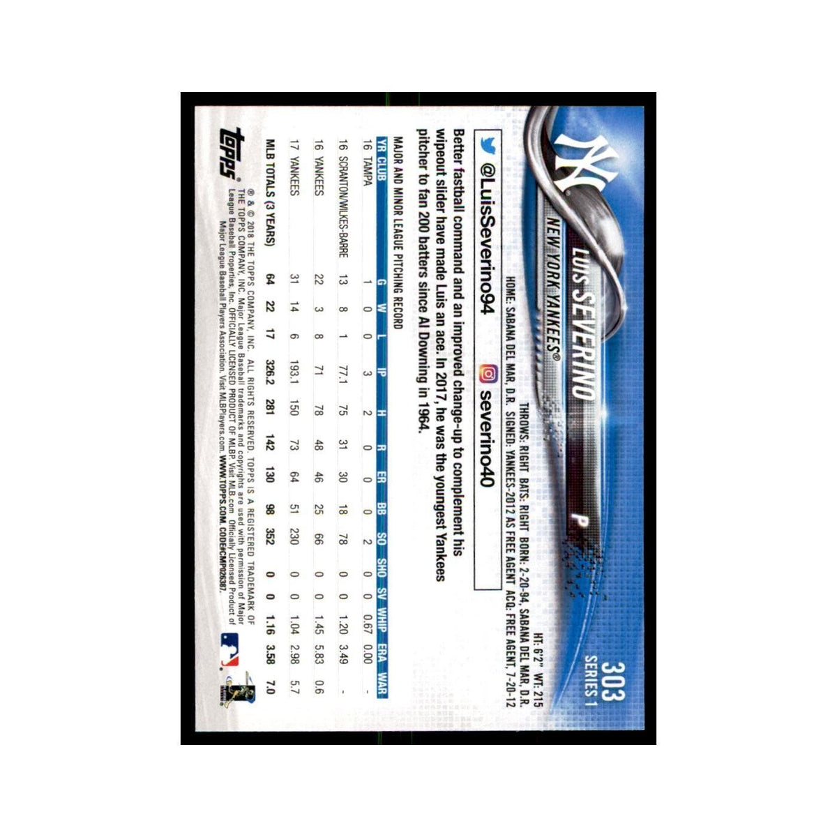 Luis Severino 2018 Topps #303 New York Yankees Baseball Card NM