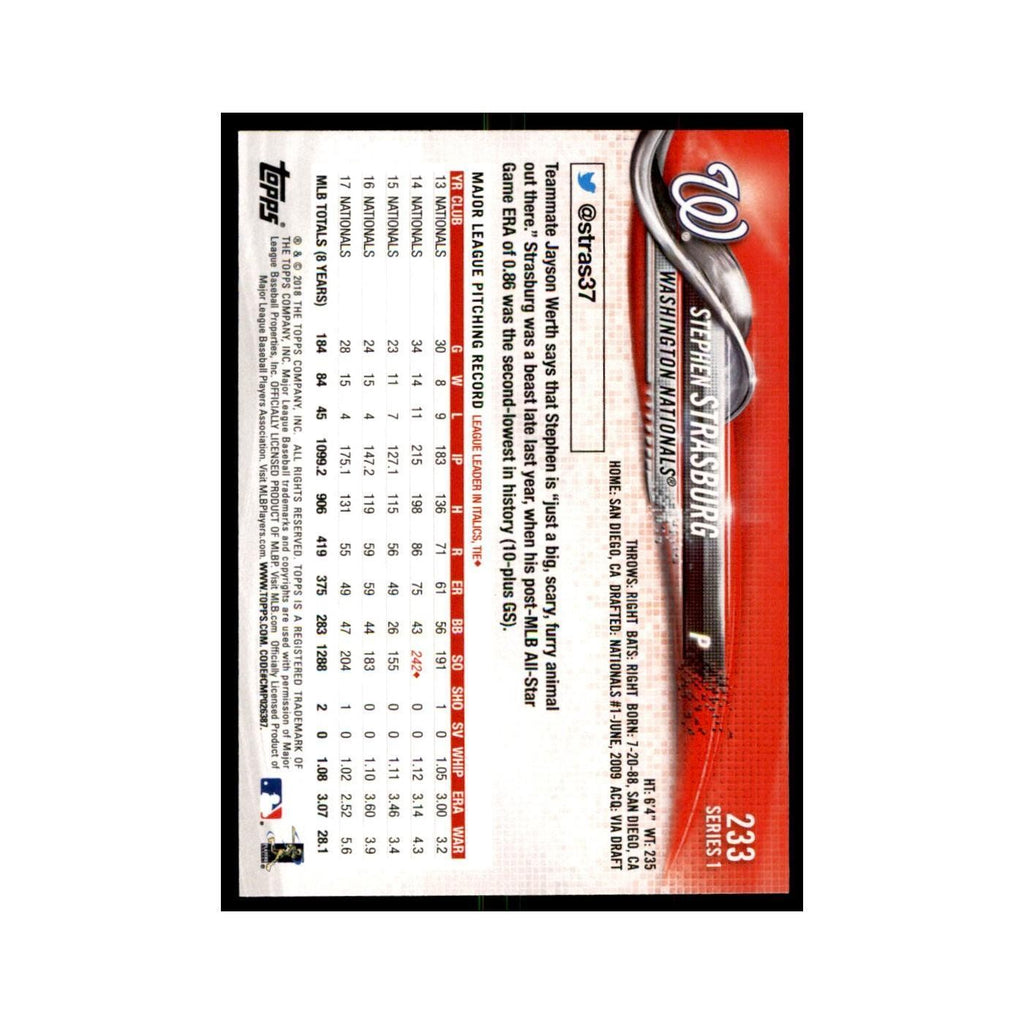Stephen Strasburg 2018 Topps #233 Washington Nationals Baseball Card NM