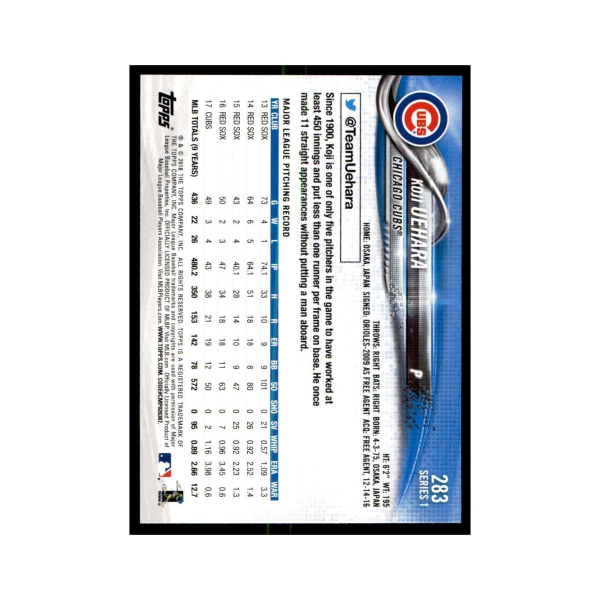 Koji Uehara 2018 Topps #283 Chicago Cubs Baseball Card NM