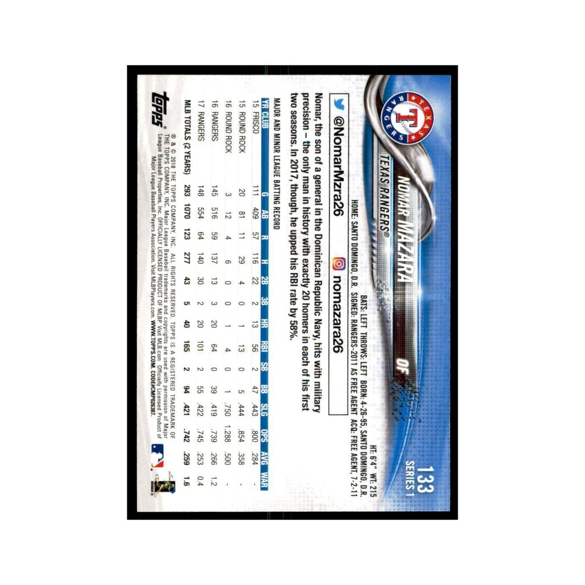 Nomar Mazara 2018 Topps #133 Texas Rangers Baseball Card NM