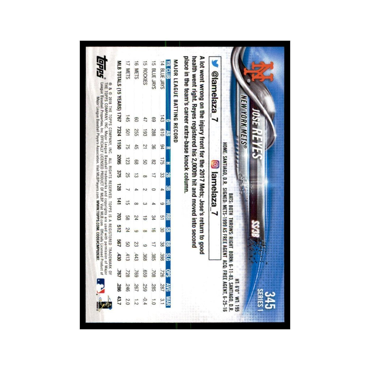 Jose Reyes 2018 Topps #345 New York Mets Baseball Card NM