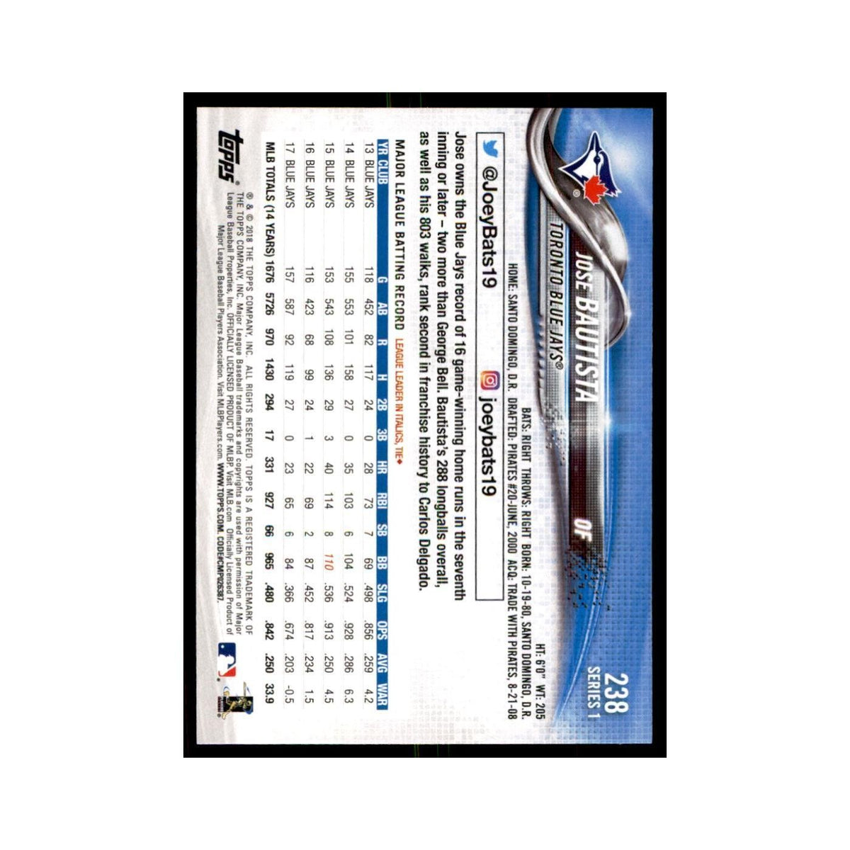 Jose Bautista 2018 Topps #238 Toronto Blue Jays Baseball Card NM