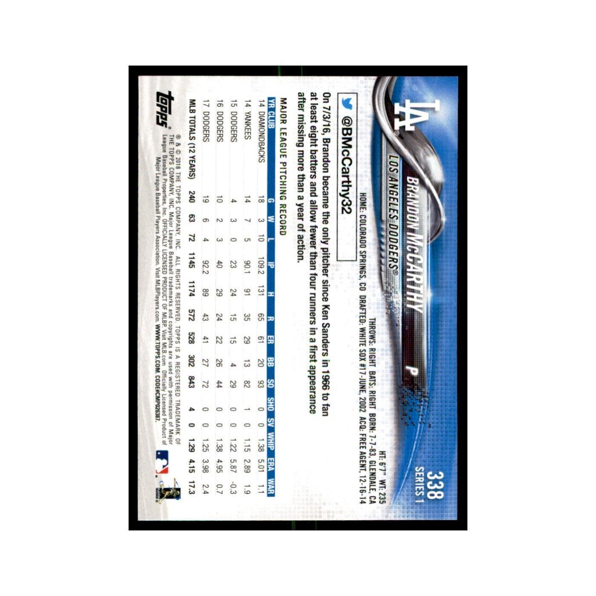 Brandon McCarthy 2018 Topps #338 Los Angeles Dodgers Baseball Card NM