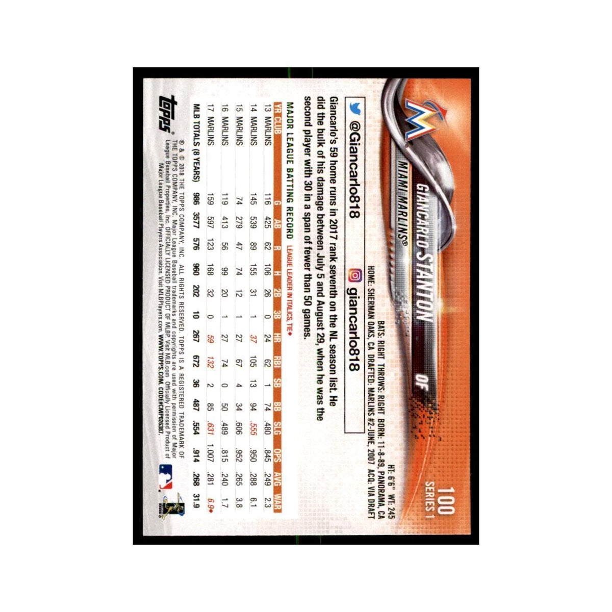 Giancarlo Stanton 2018 Topps #100 Miami Marlins Baseball Card NM
