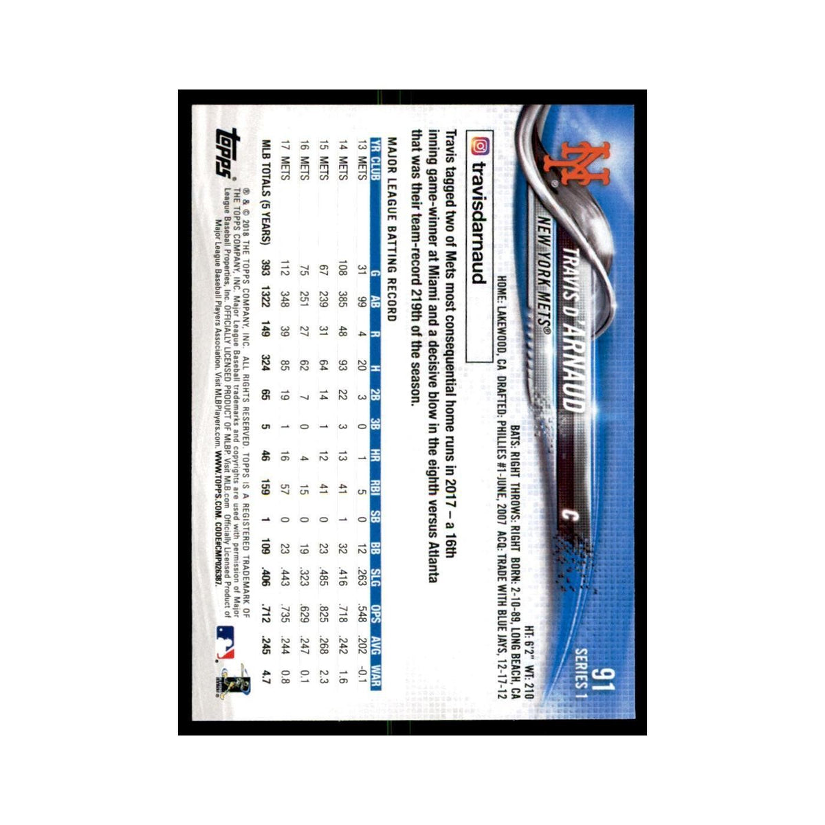 Travis d'Arnaud 2018 Topps #91 New York Mets Baseball Card NM