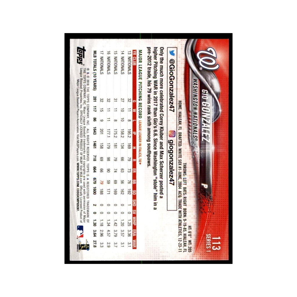 Gio Gonzalez 2018 Topps #113 Washington Nationals Baseball Card NM