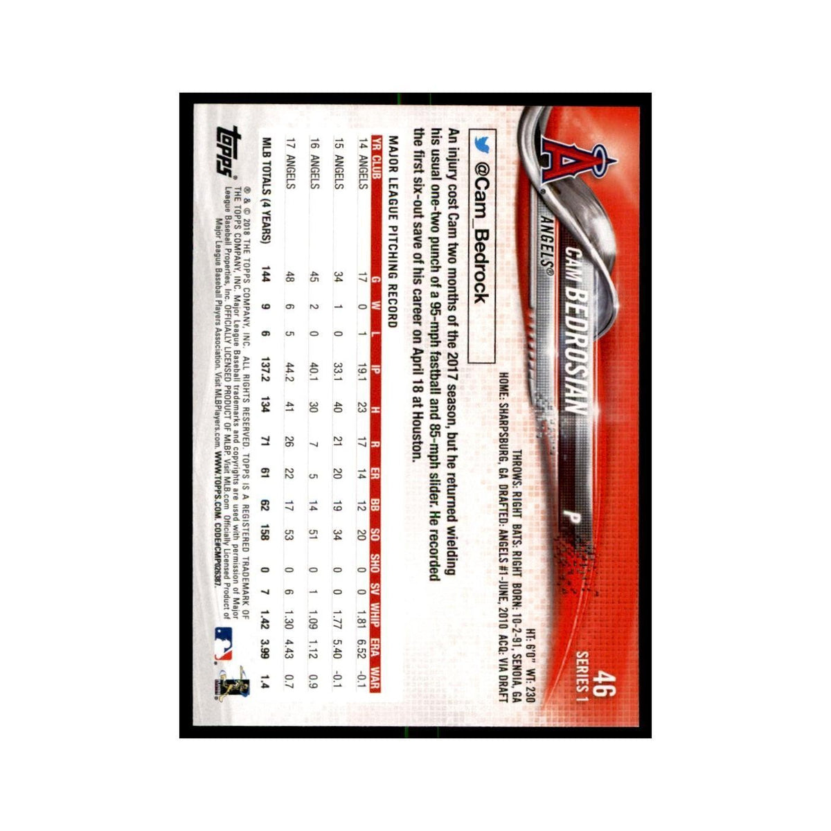 Cam Bedrosian 2018 Topps #46 Los Angeles Angels Baseball Card NM