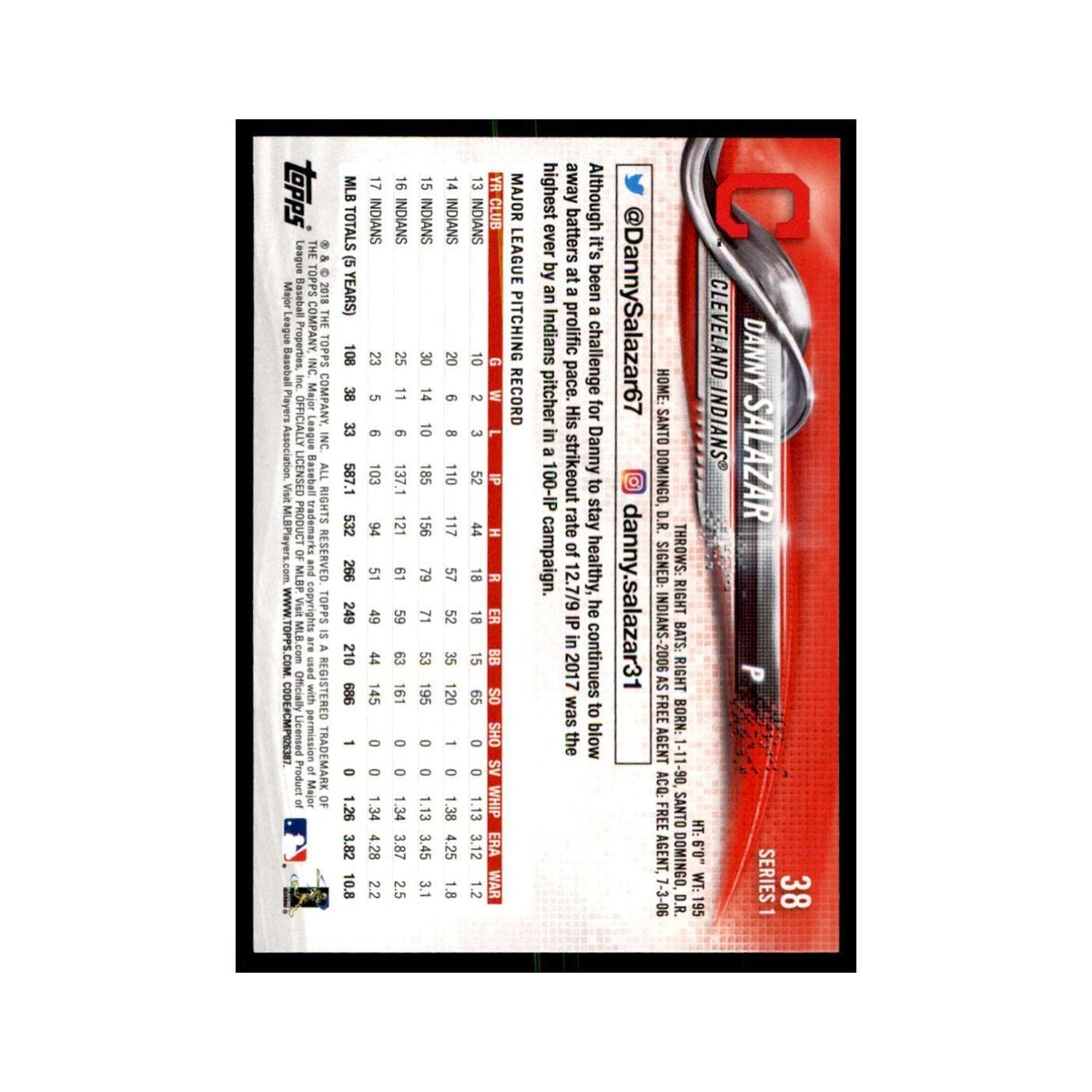 Danny Salazar 2018 Topps #38 Cleveland Indians Baseball Card NM