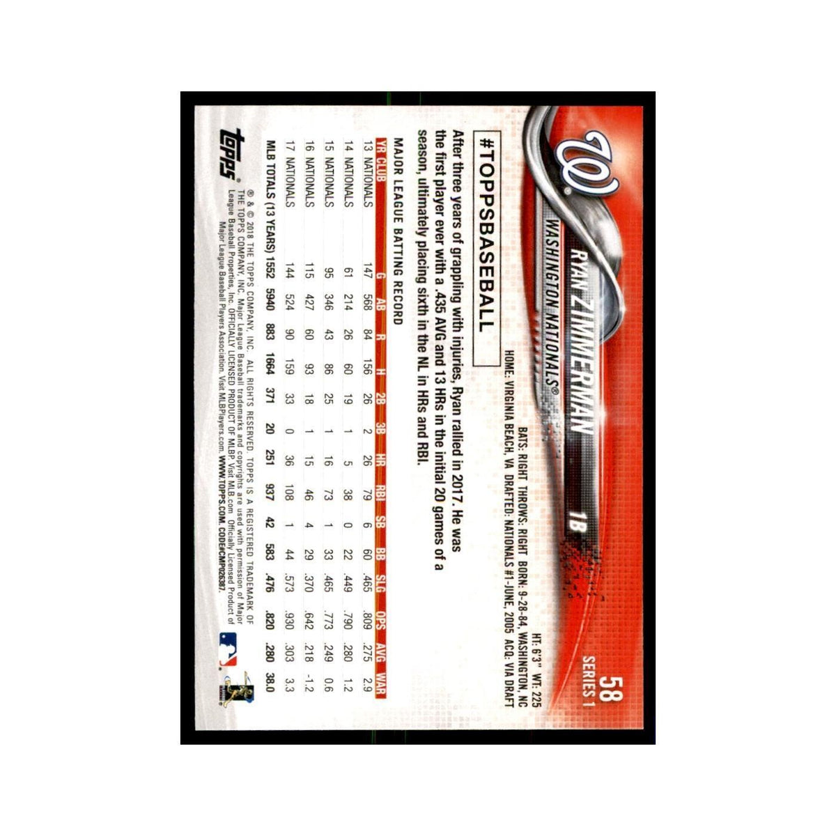 Ryan Zimmerman 2018 Topps #58 Washington Nationals Baseball Card NM
