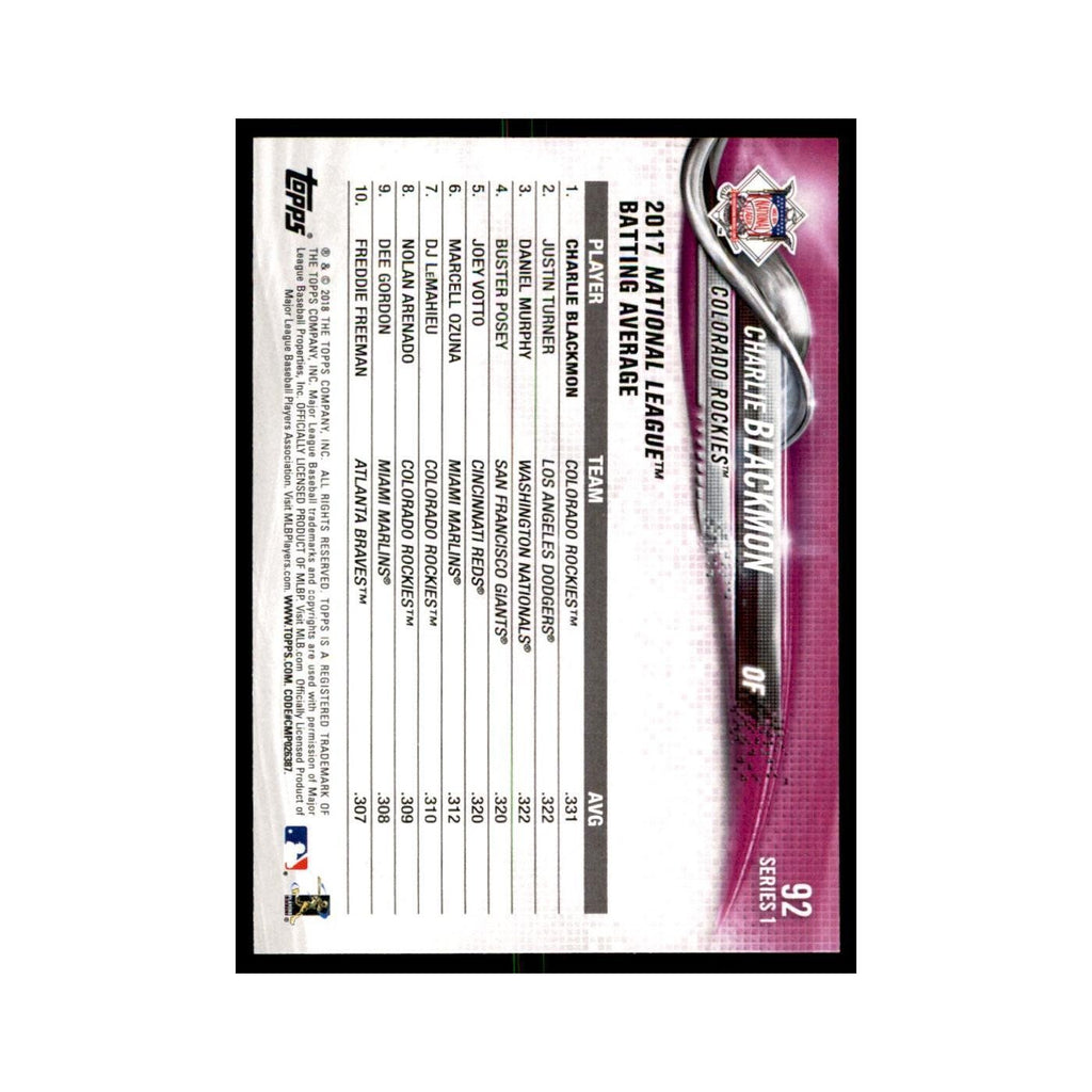 Charlie Blackmon 2018 Topps #92 Colorado Rockies Baseball Card NM