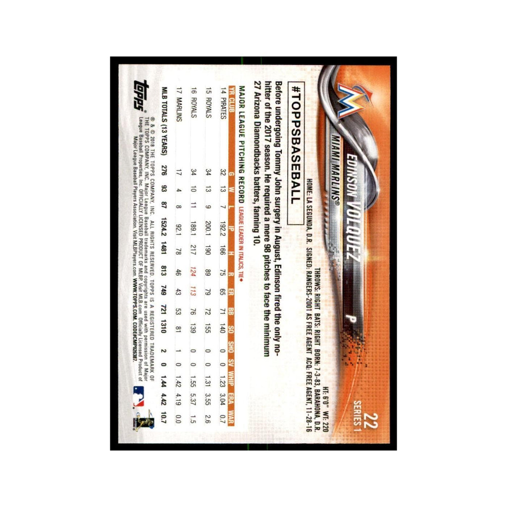 Edinson Volquez 2018 Topps #22 Miami Marlins Baseball Card NM