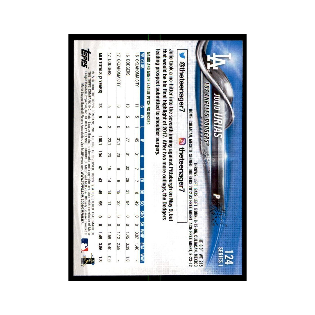 Julio Urias 2018 Topps #124 Los Angeles Dodgers Baseball Card NM