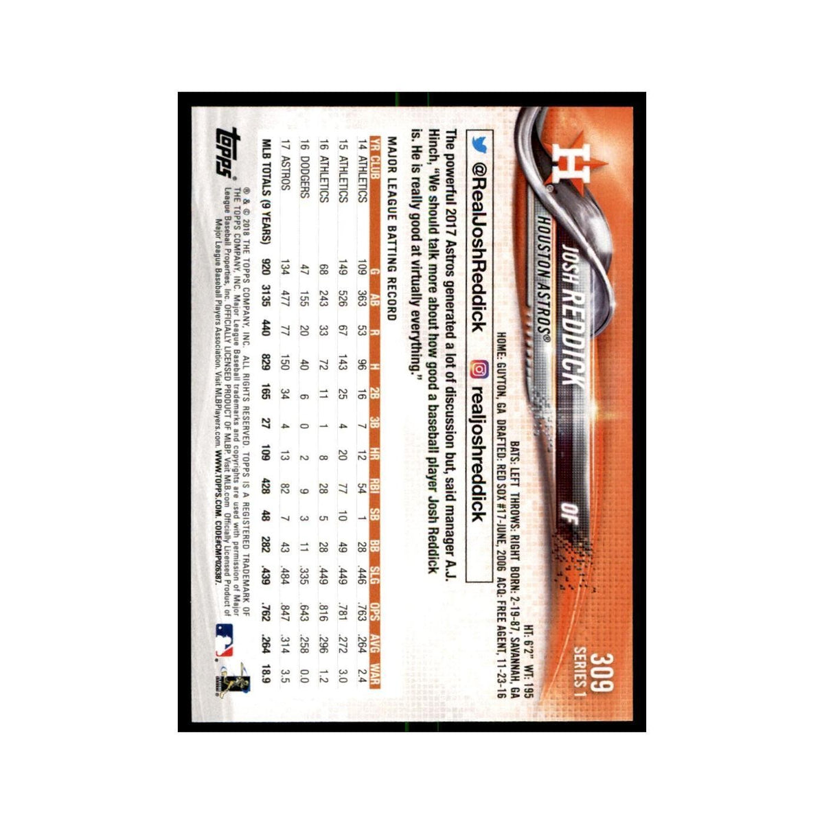 Josh Reddick 2018 Topps #309 Houston Astros Baseball Card NM