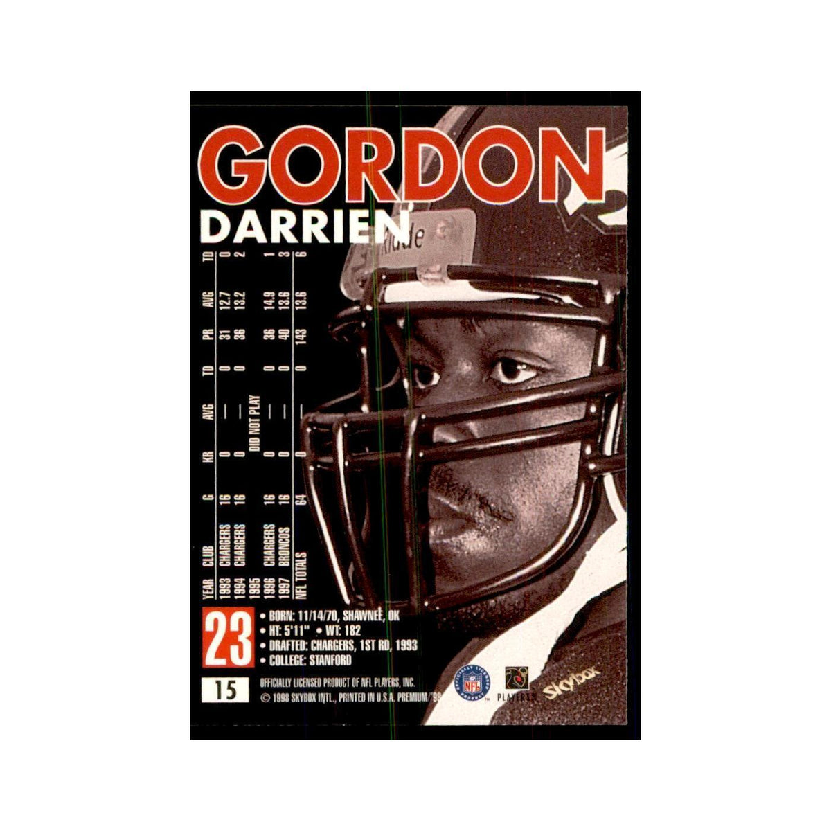 Darrien Gordon 1998 SkyBox #15 Football Cards Football Card NM