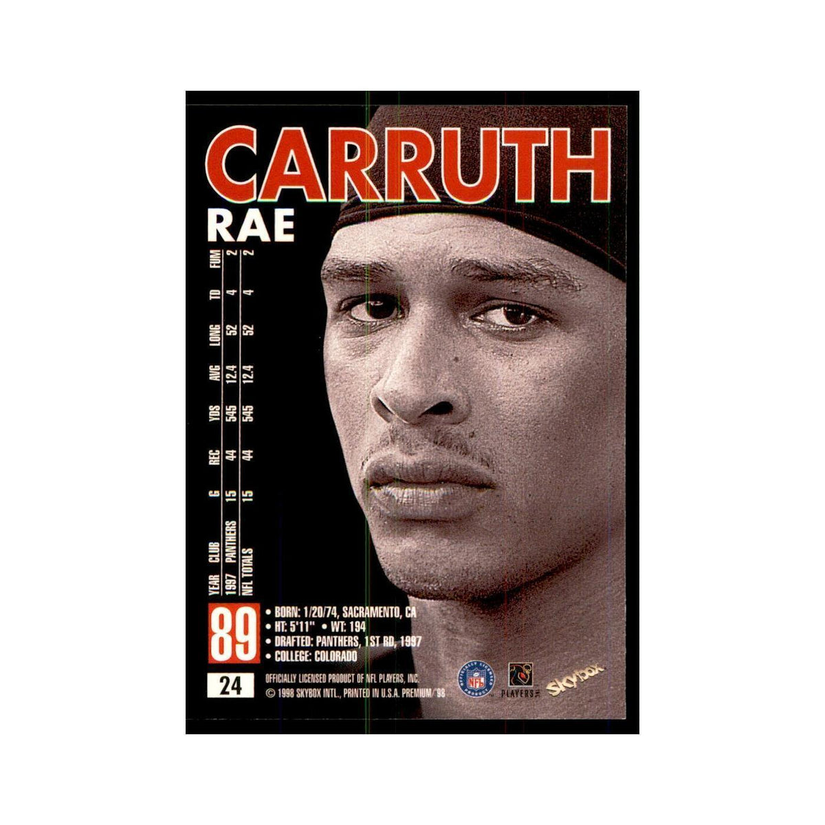 Rae Carruth 1998 SkyBox #24 Football Cards Football Card NM