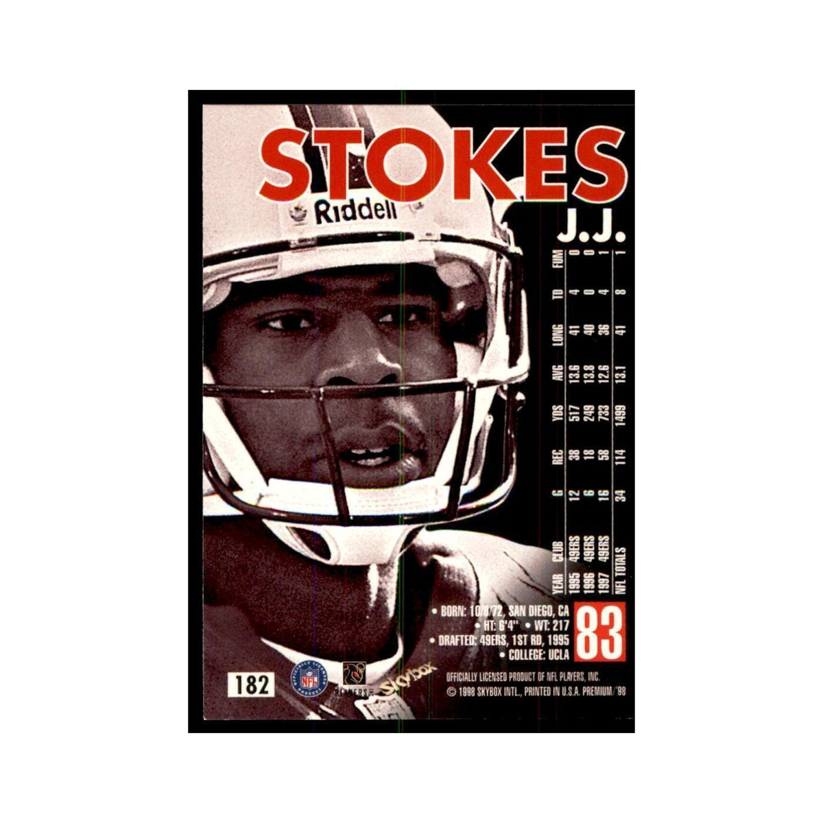 J.J. Stokes 1998 SkyBox #182 Football Cards Football Card NM