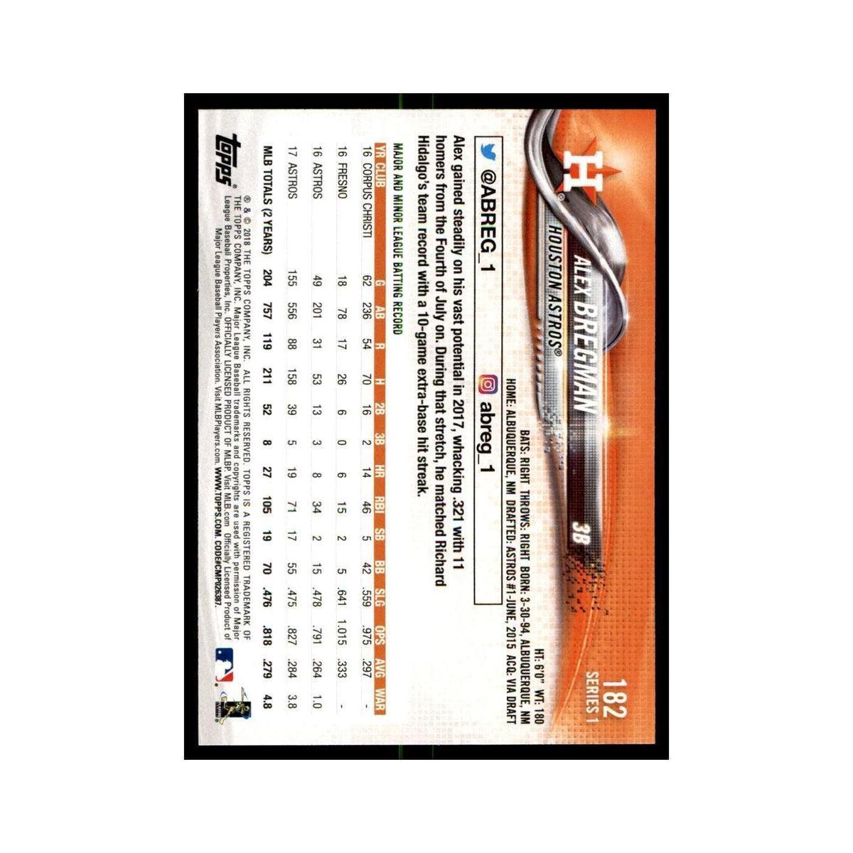 Alex Bregman 2018 Topps #182 Houston Astros Baseball Card NM
