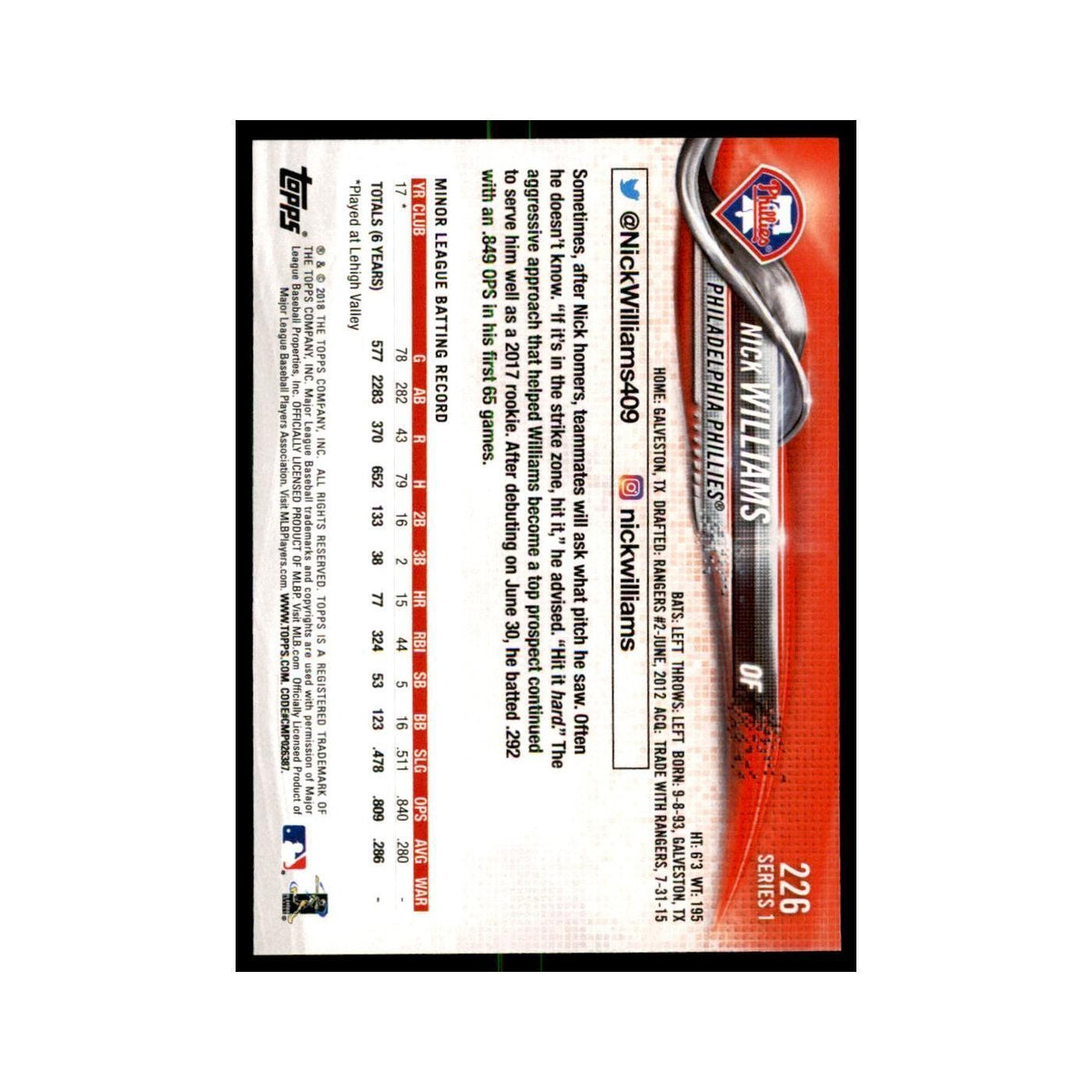 Nick Williams Rookie 2018 Topps #226 Philadelphia Phillies Baseball Card NM