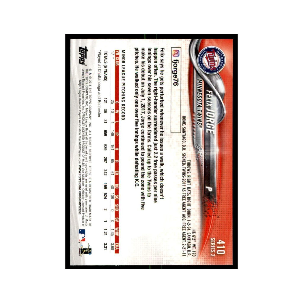 Felix Jorge Rookie 2018 Topps #410 Minnesota Twins Baseball Card NM