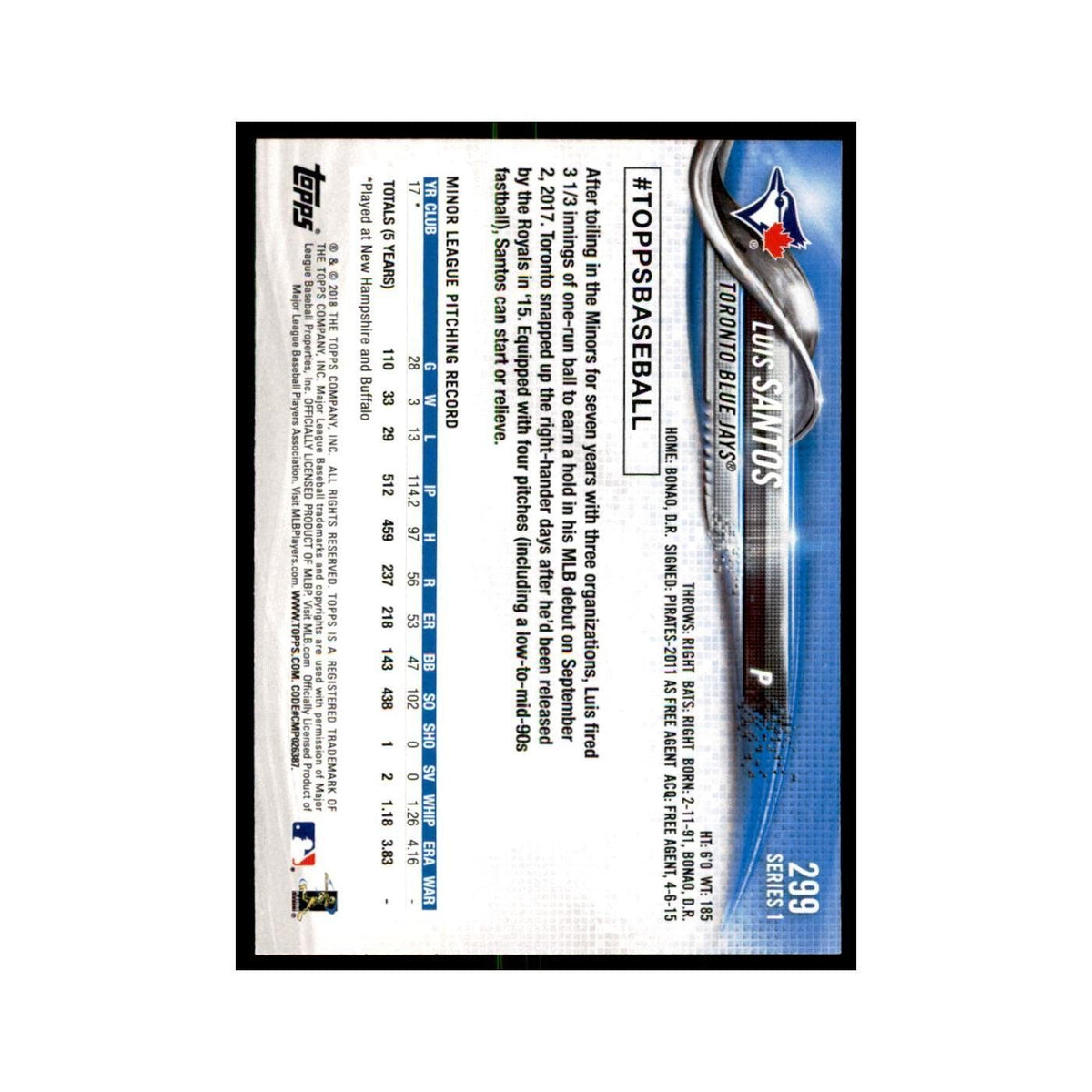 Luis Santos Rookie 2018 Topps #299 Toronto Blue Jays Baseball Card NM