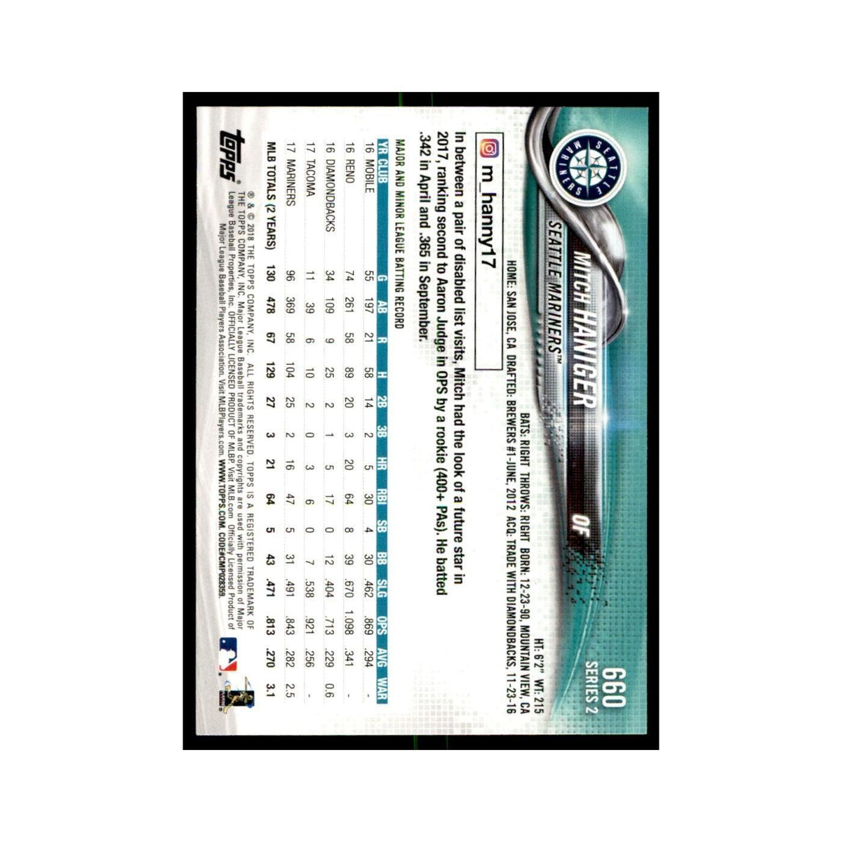 Mitch Haniger 2018 Topps #660 Seattle Mariners Baseball Card NM