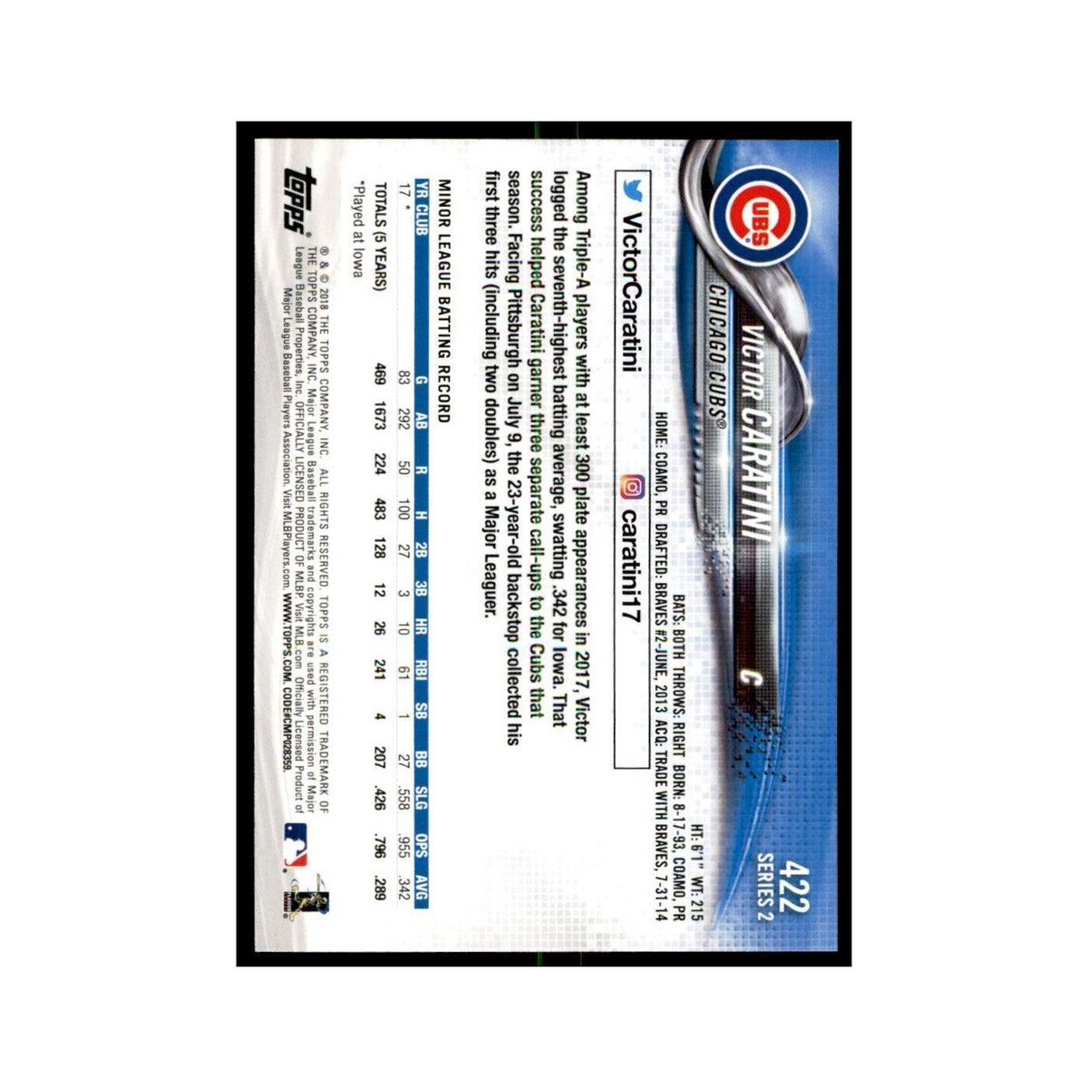 Victor Caratini Rookie 2018 Topps #422 Chicago Cubs Baseball Card NM