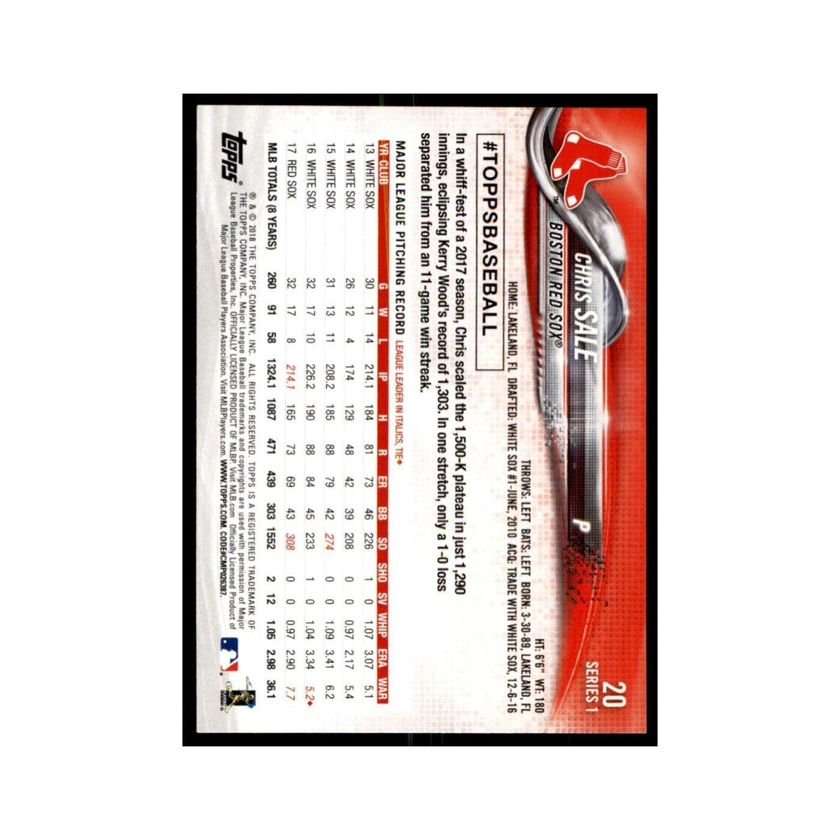 Chris Sale 2018 Topps #20 Boston Red Sox Baseball Card NM