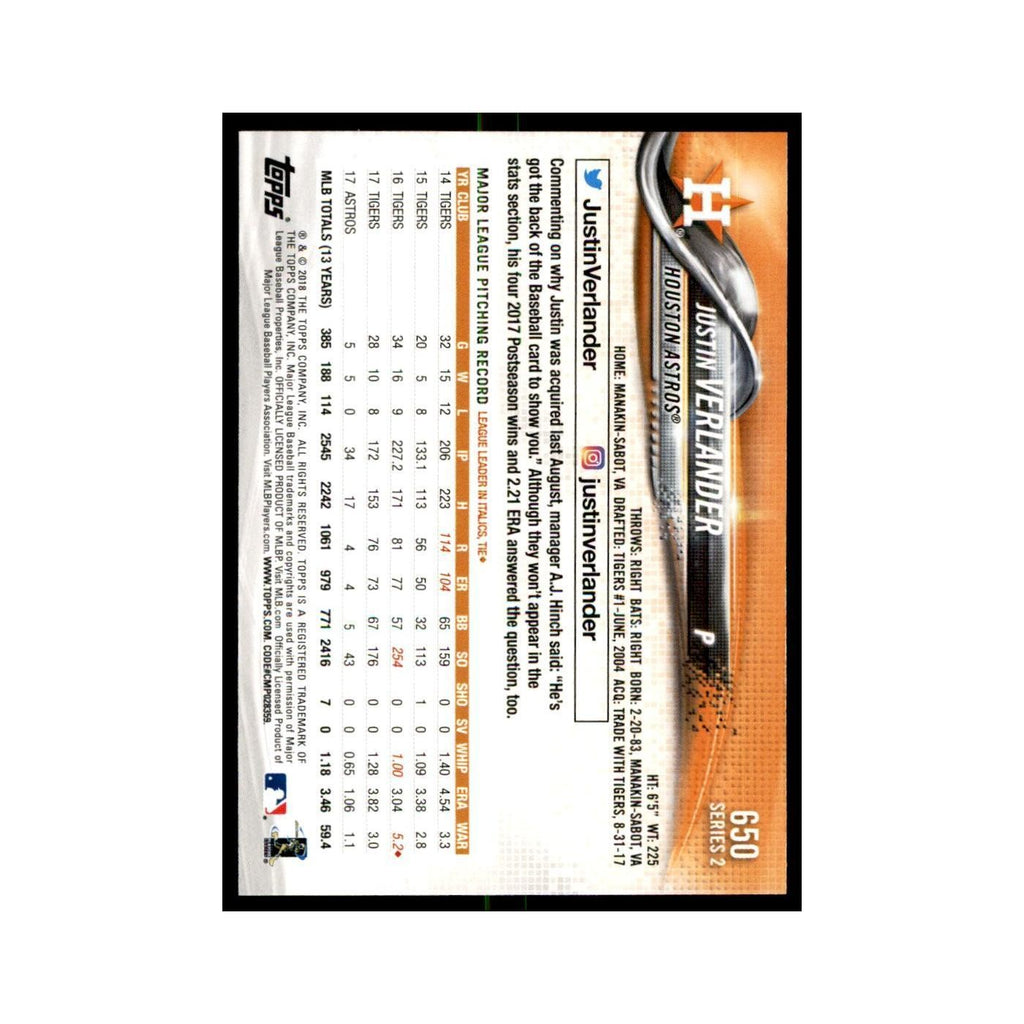 Justin Verlander 2018 Topps #650 Houston Astros Baseball Card NM