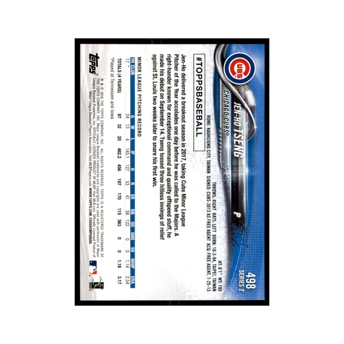 Jen-Ho Tseng Rookie 2018 Topps #498 Chicago Cubs Baseball Card NM