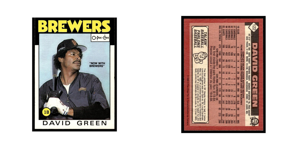 David Green 1986 O-Pee-Chee #122 Milwaukee Brewers Baseball Card NM