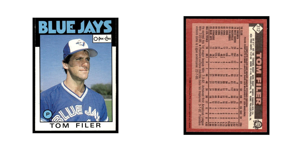 Tom Filer 1986 O-Pee-Chee #312 Toronto Blue Jays Baseball Card NM