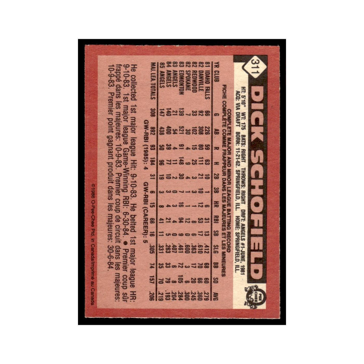 Dick Schofield 1986 O-Pee-Chee #311 California Angels Baseball Card NM