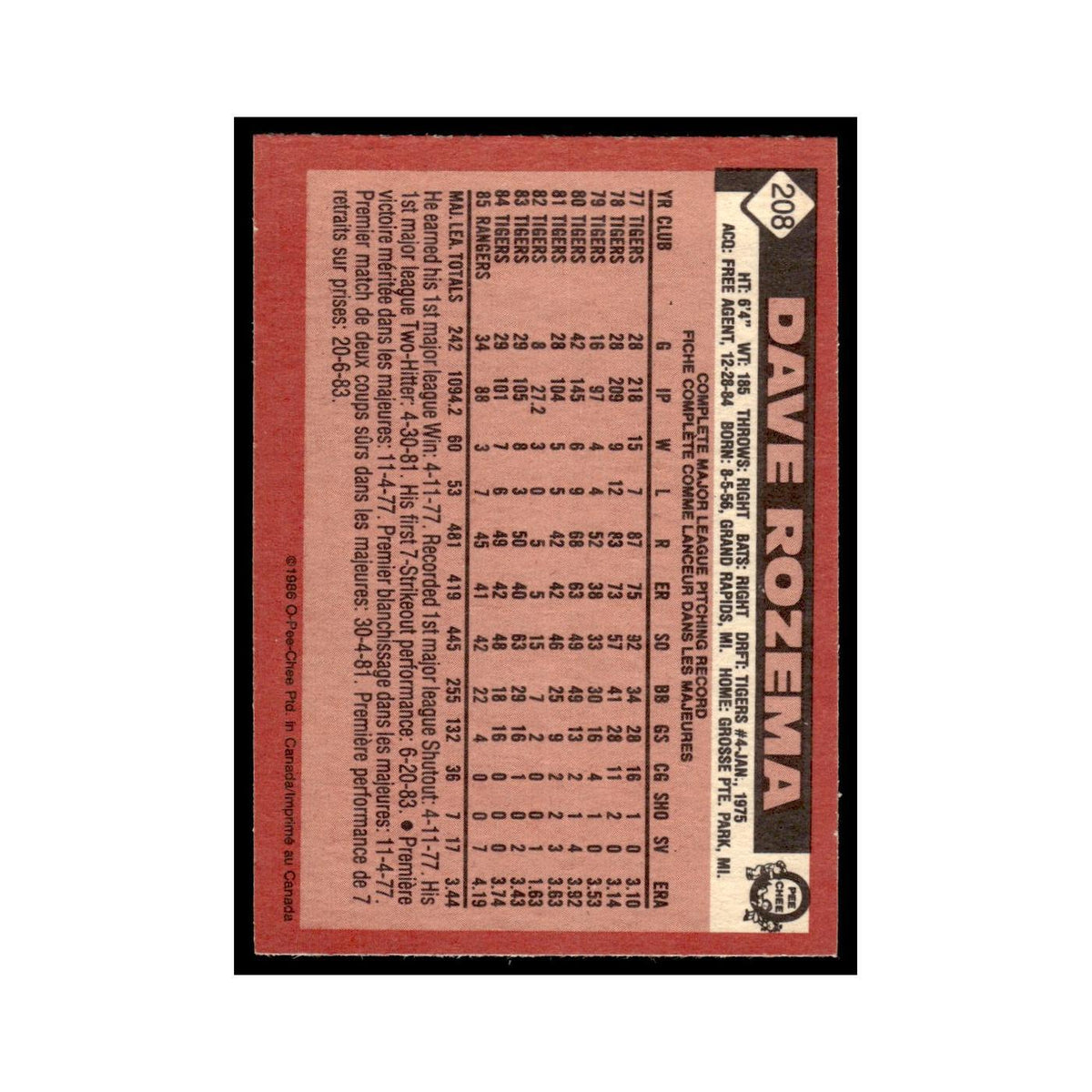 Dave Rozema 1986 O-Pee-Chee #208 Texas Rangers Baseball Card NM