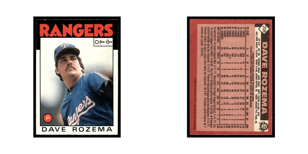 Dave Rozema 1986 O-Pee-Chee #208 Texas Rangers Baseball Card NM