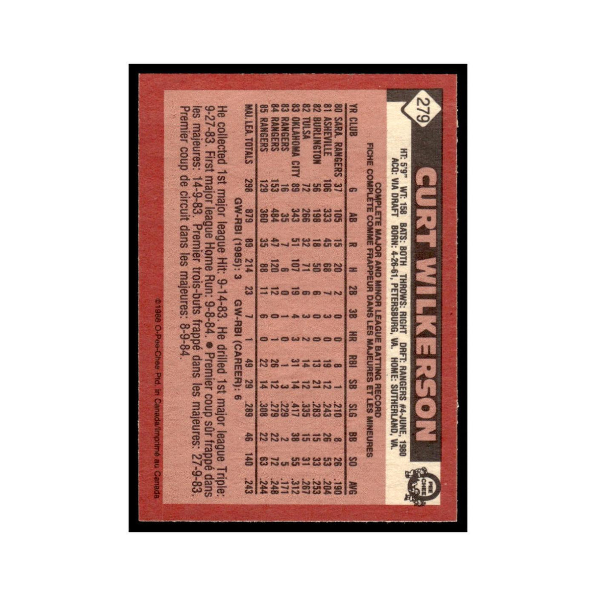 Curt Wilkerson 1986 O-Pee-Chee #279 Texas Rangers Baseball Card NM