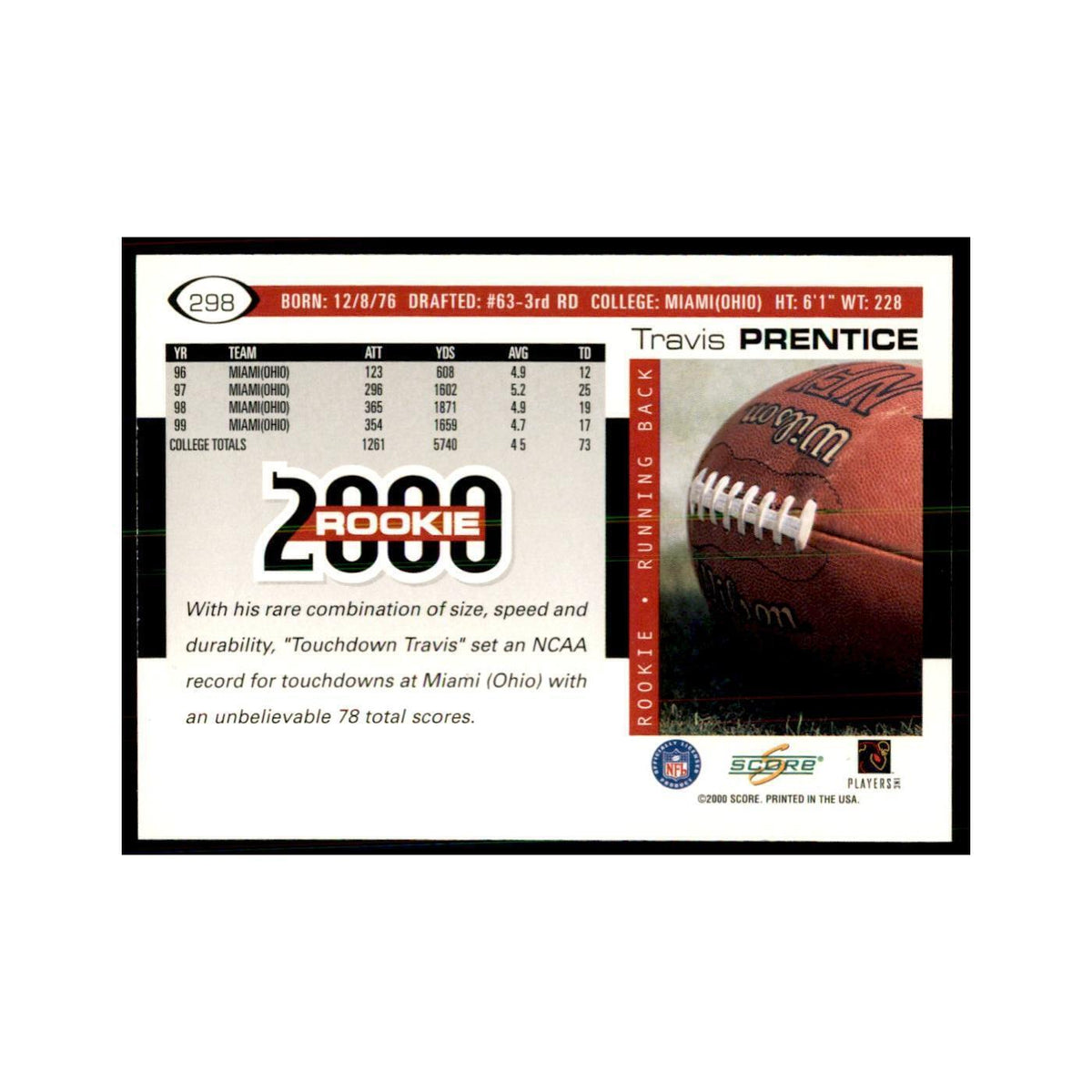 Travis Prentice Rookie 2000 Score #298 Football Cards Football Card NM