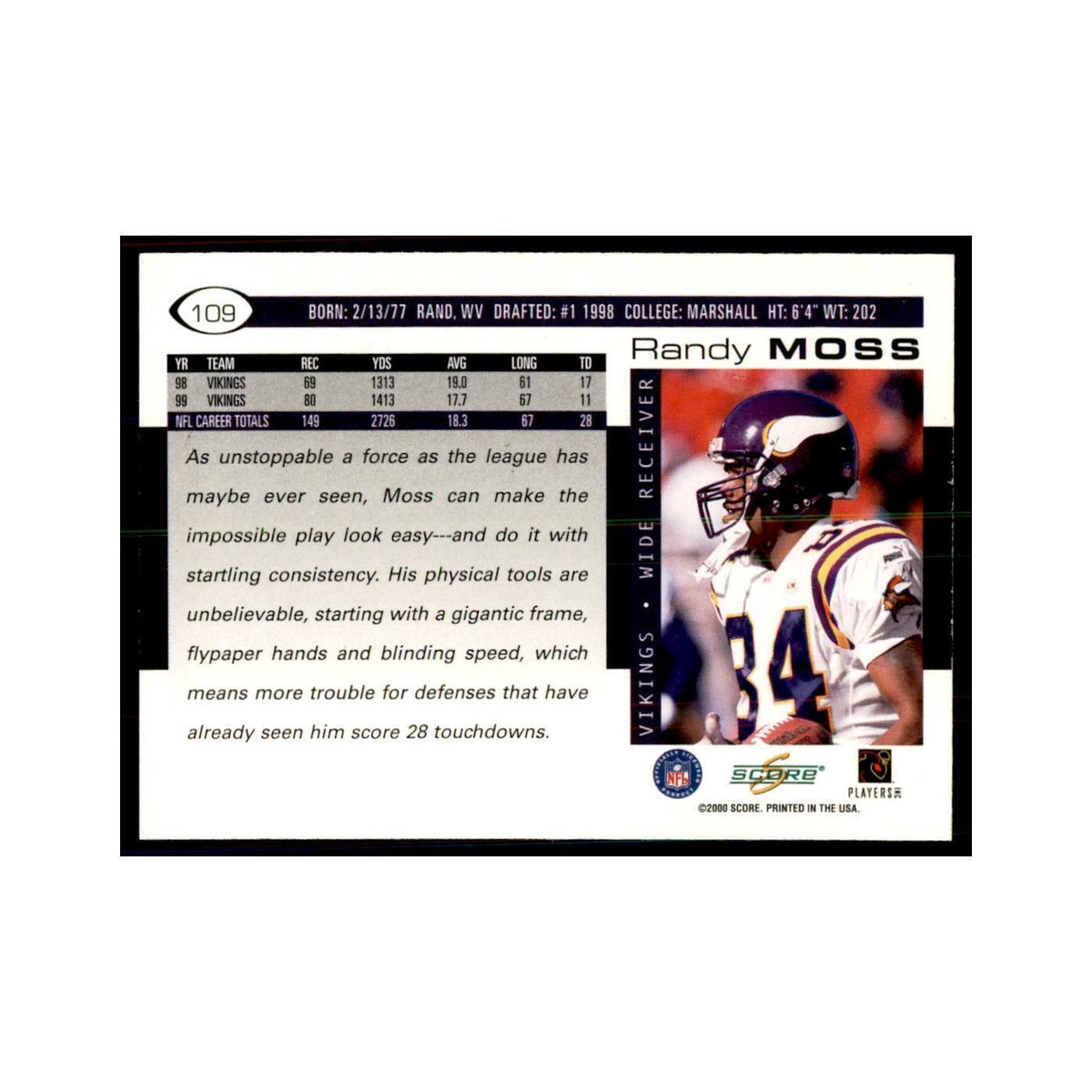 Randy Moss 2000 Score #109 Football Cards Football Card NM