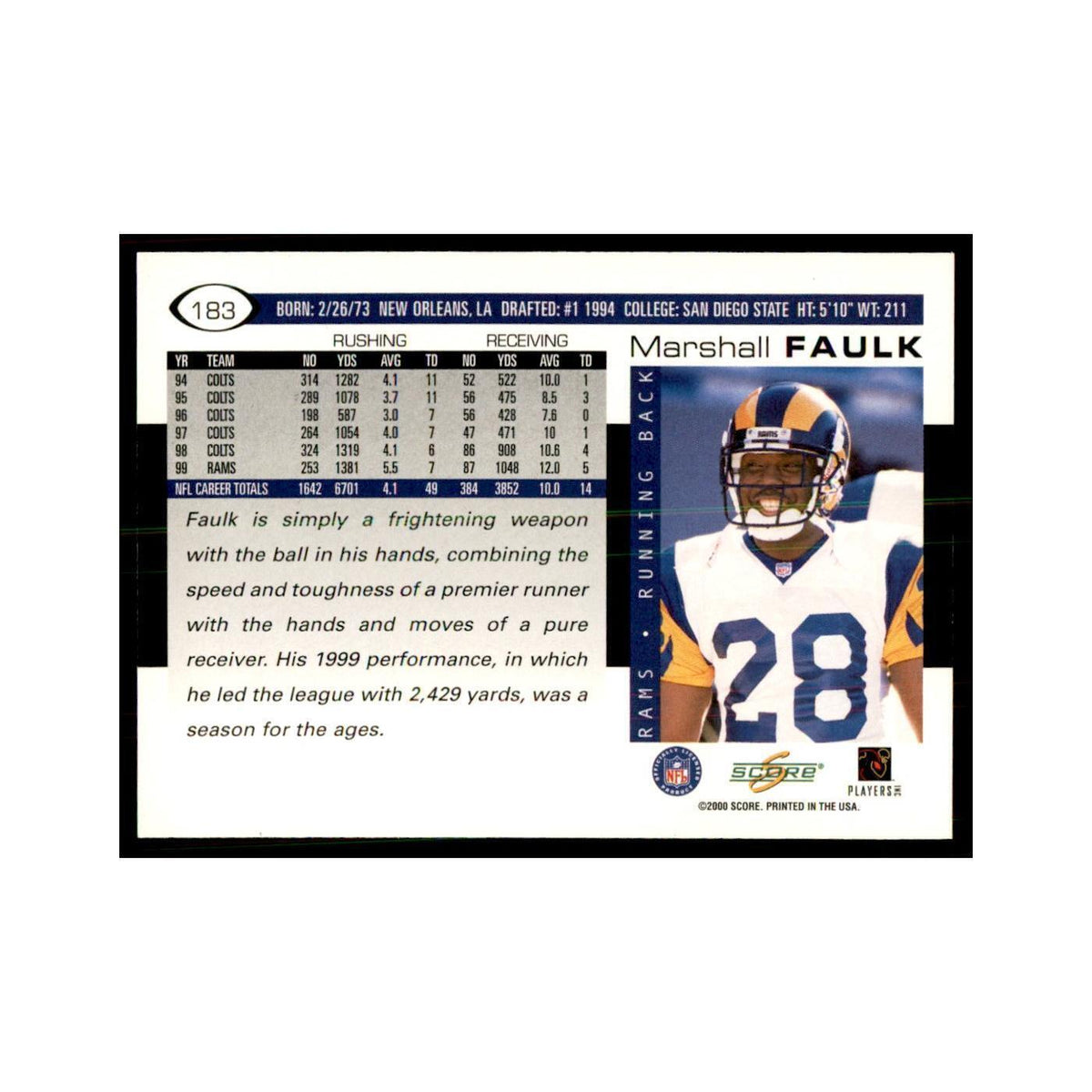 Marshall Faulk 2000 Score #183 Football Cards Football Card NM