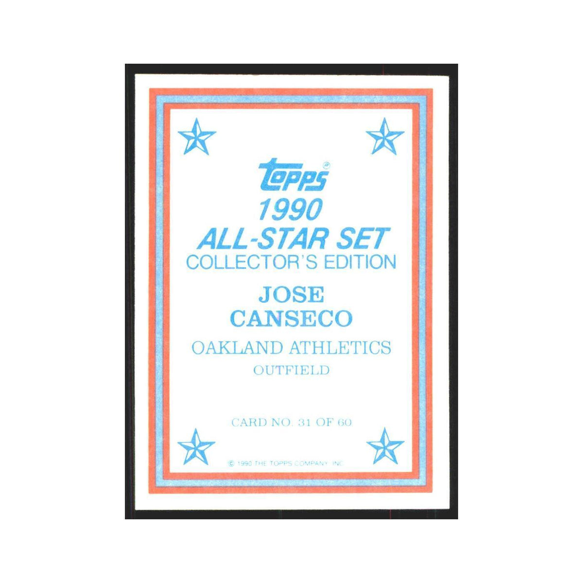 Jose Canseco 1990 Topps All Stars #31 Athletics Baseball Card NM