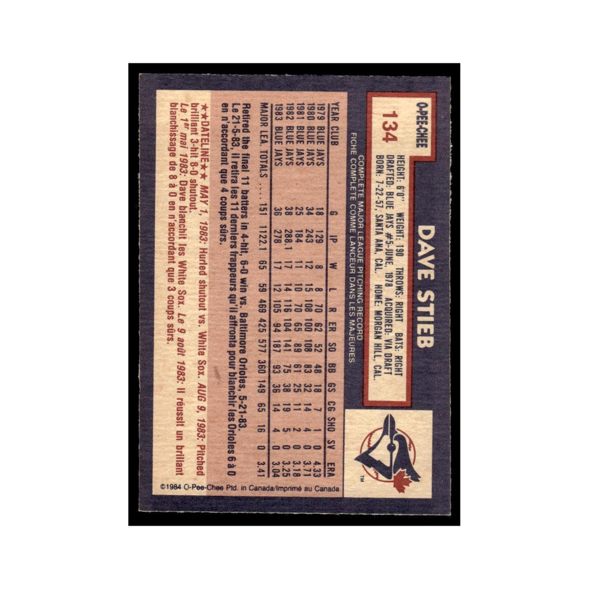 Dave Stieb 1984 O-Pee-Chee #134 Toronto Blue Jays Baseball Card EX