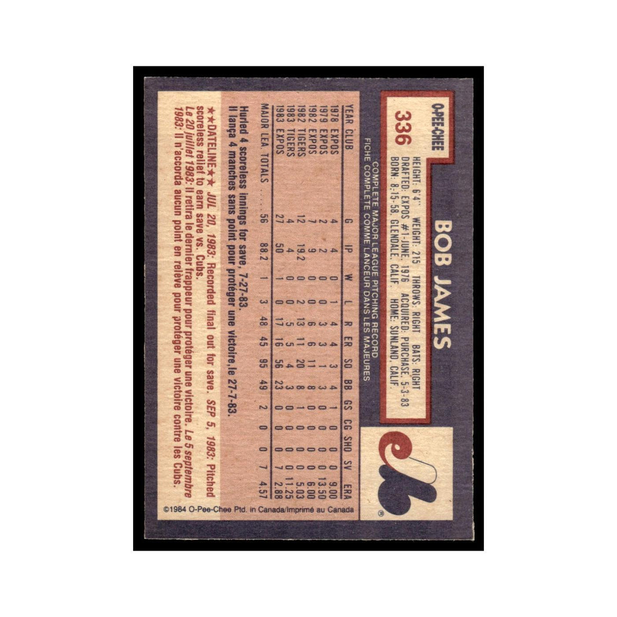 Bob James Rookie 1984 O-Pee-Chee #336 Montreal Expos Baseball Card EX